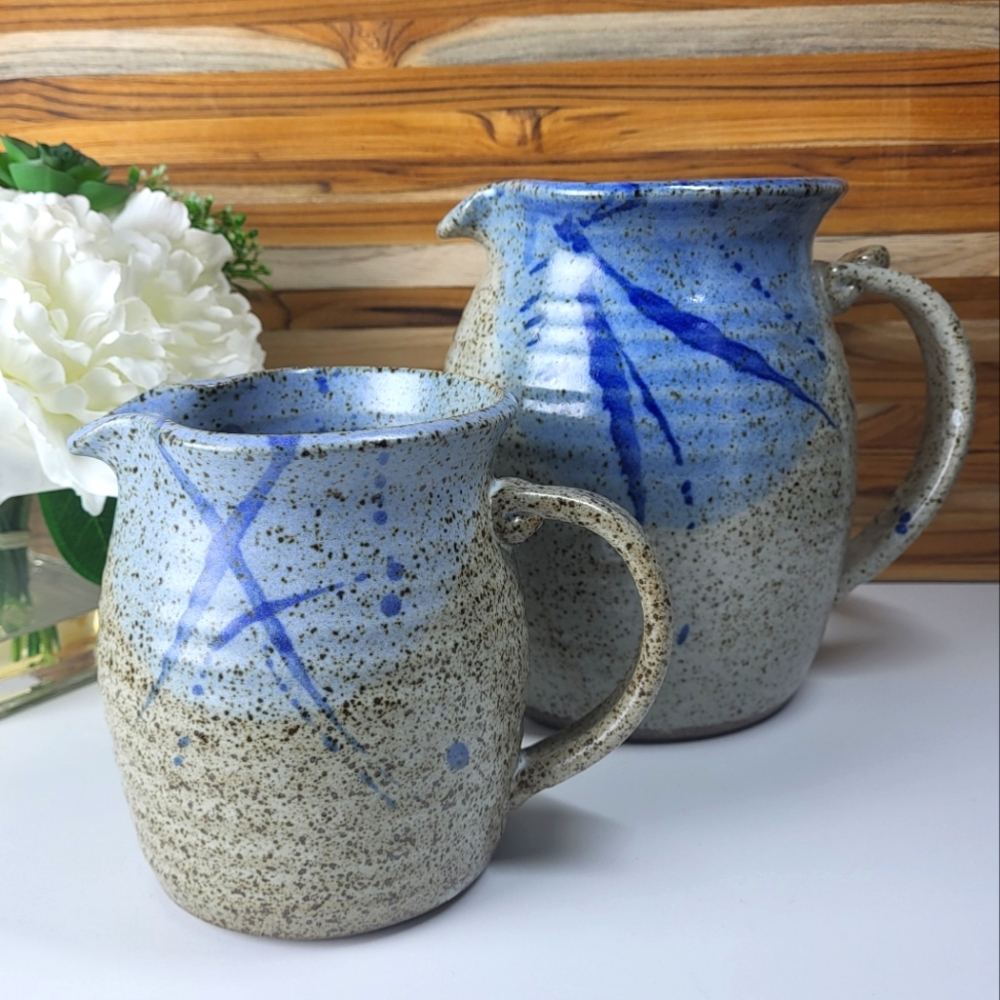 Set of 2 Pottery Jugs / Pitchers, Blue and Grey with Brown flecks.